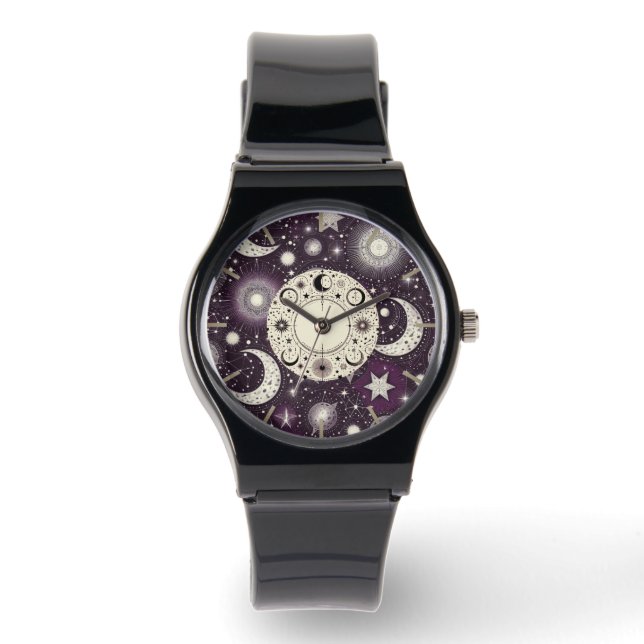 Purple and White Celestial Dreams: Moon and Stars  Watch (Front)