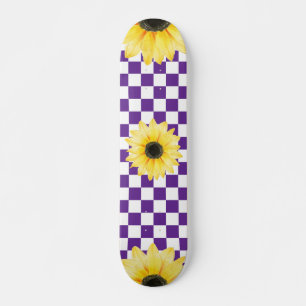 purple and white Checkered & Sunflower Skateboard