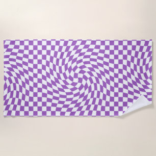 Purple and White Chequered Chequerboard Pattern  Beach Towel