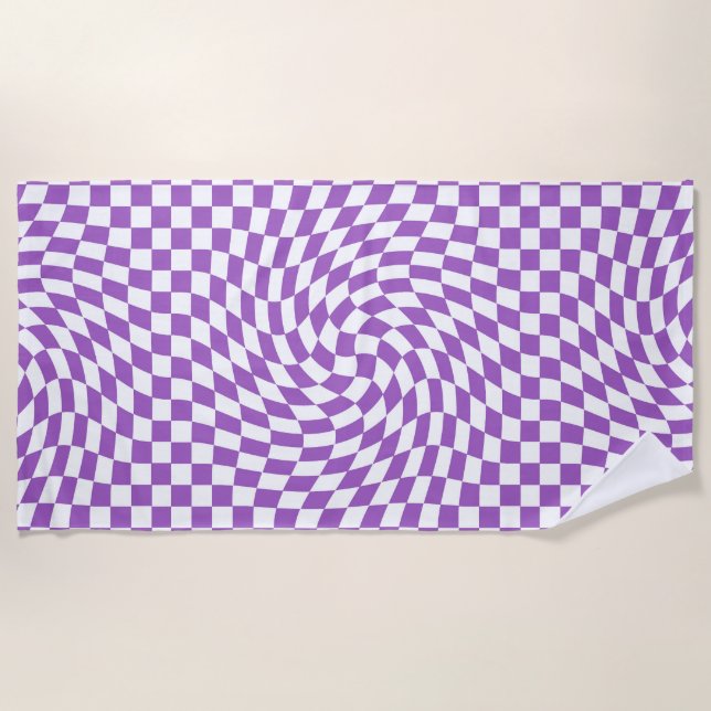 Purple and White Chequered Chequerboard Pattern  Beach Towel (Front)