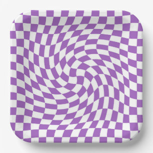 Purple and White Chequered Chequerboard Pattern Paper Plate