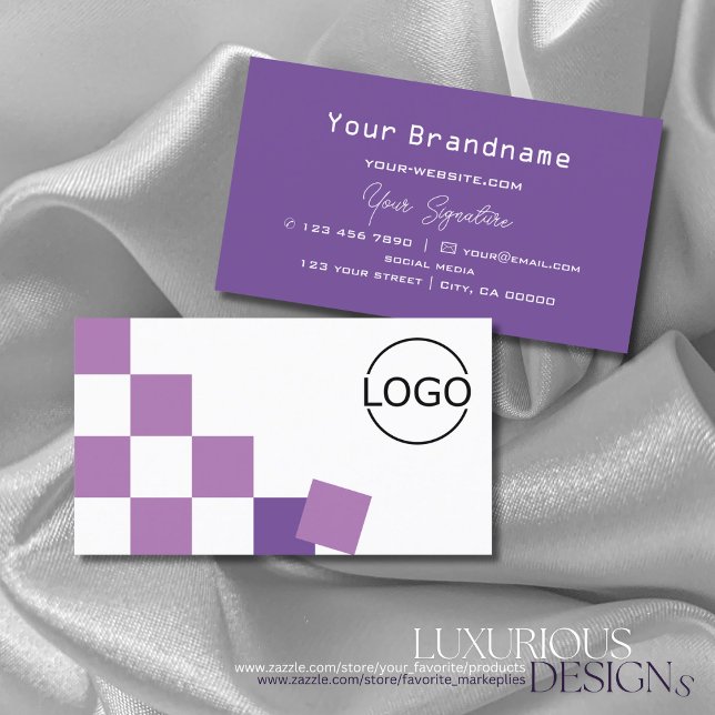 Purple and White Chessboard Modern with Logo Chic Business Card (Creator Uploaded)