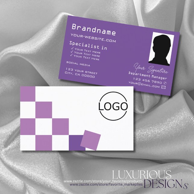 Purple and White Chessboard with Logo & Photo Cool Business Card (Creator Uploaded)