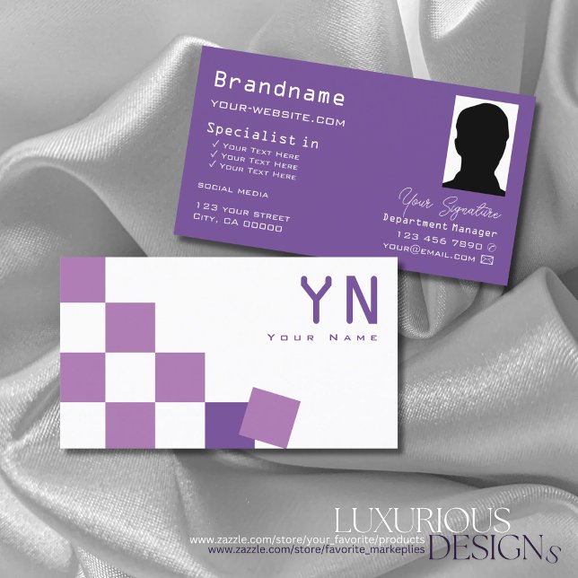 Purple and White Chessboard with Monogram & Photo Business Card (Creator Uploaded)