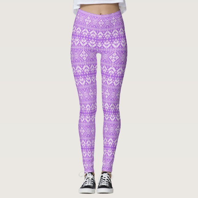 Purple and White Christmas Fair Isle Pattern Leggings (Front)