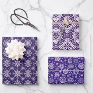 Purple and White Christmas Motif Pattern Wrapping Paper Sheet