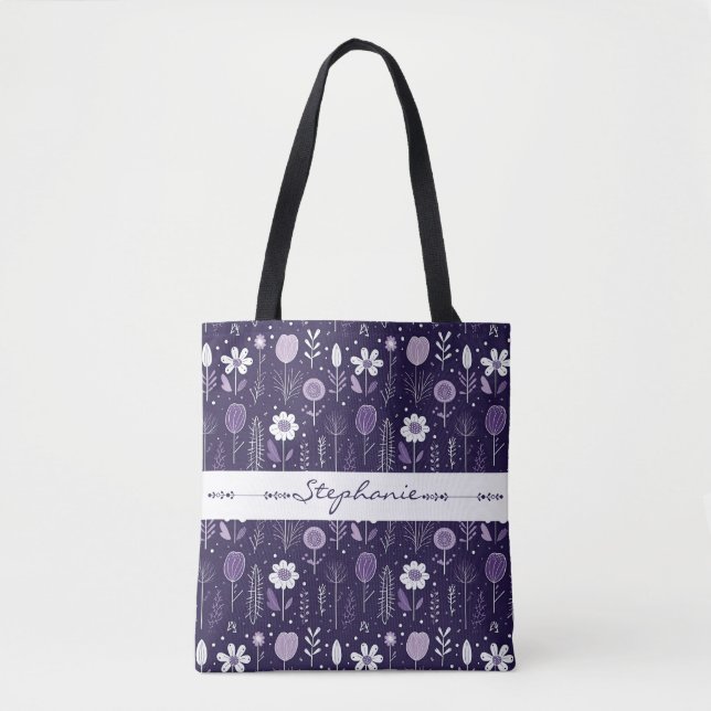 Purple and white colour delicate floral pattern tote bag (Front)
