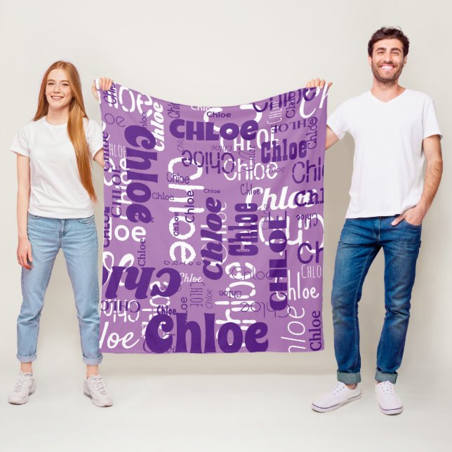  Purple and White Custom Name Pattern Retro Fonts Fleece Blanket (In Situ)