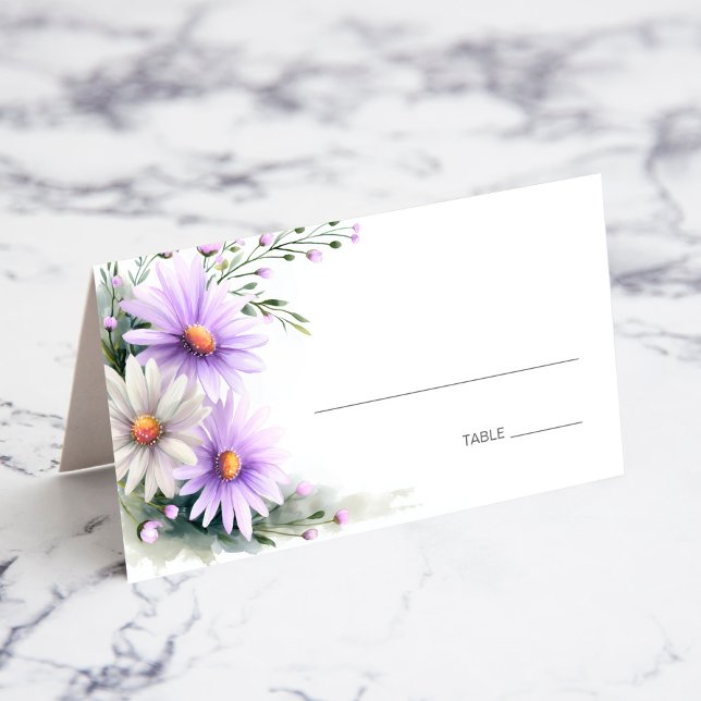Purple and White Daisies Wedding Place Card (Creator Uploaded)