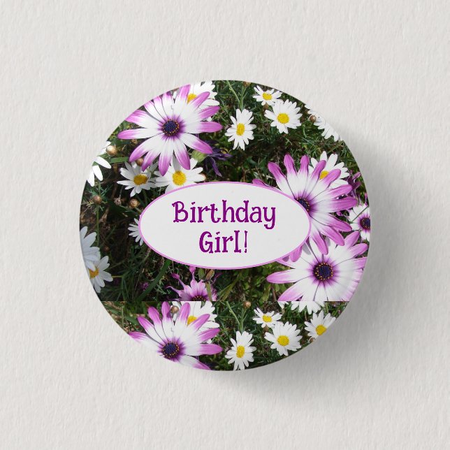 Purple and White Daisy Floral Birthday Girl 3 Cm Round Badge (Front)
