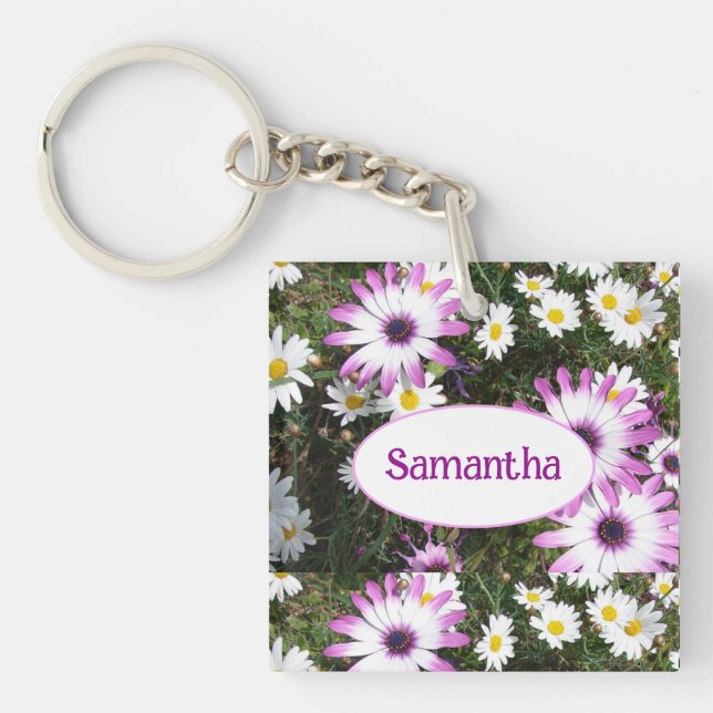 Purple and White Daisy Floral Customizable Name Key Ring (Front)