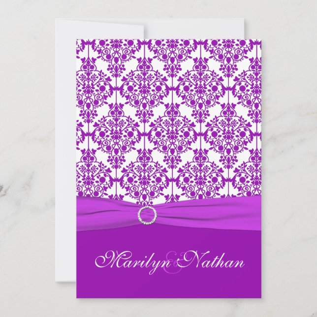 Purple and White Damask Wedding Invitation (Front)