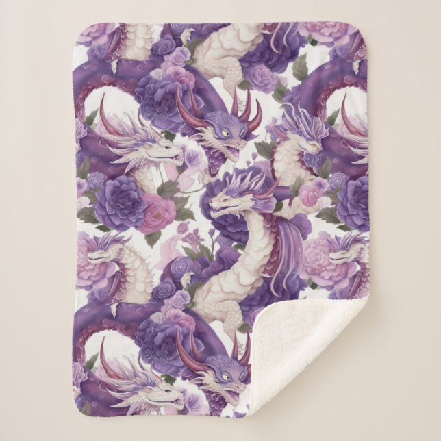 Purple and White Dragons and Roses Sherpa Blanket (Front)