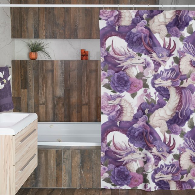 Purple and White Dragons and Roses Shower Curtain (Creator Uploaded)