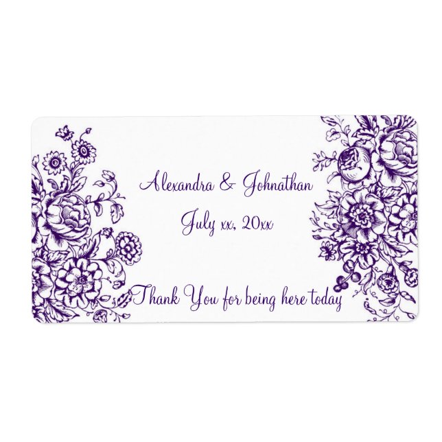 Purple and White Elegant Wedding Wine Water Label (Front)