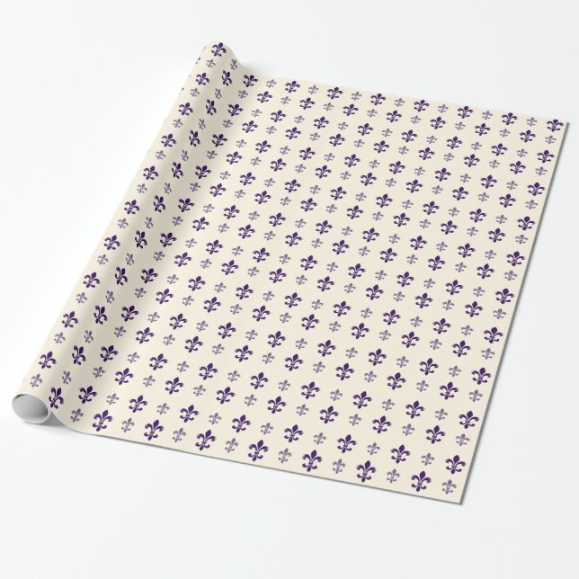 Purple and White Fancy Fleur De Lis Wrapping Paper (Unrolled)