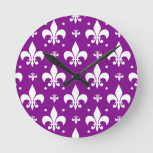 Purple and White Fleur-de-lis Design Round Clock