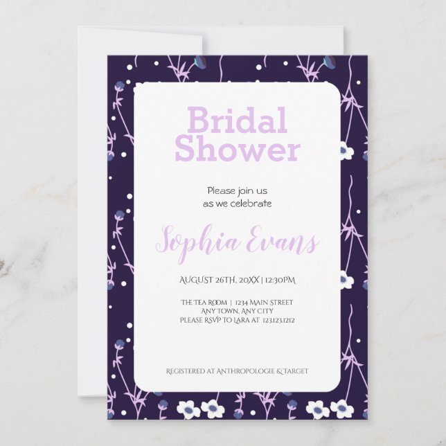 Purple and White Floral Border White Bridal Shower Invitation (Front)