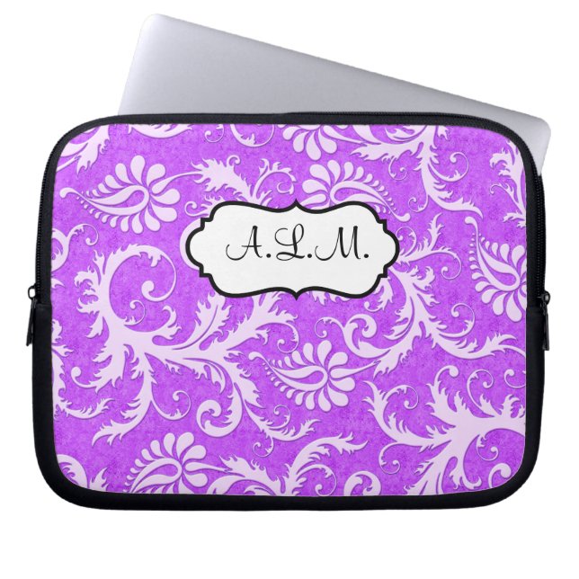 Purple and White Floral Damask Laptop Sleeve (Front)