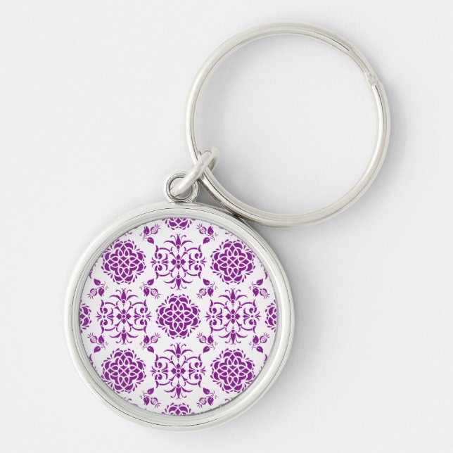 Purple and White Floral Damask Style Pattern Key Ring (Front)