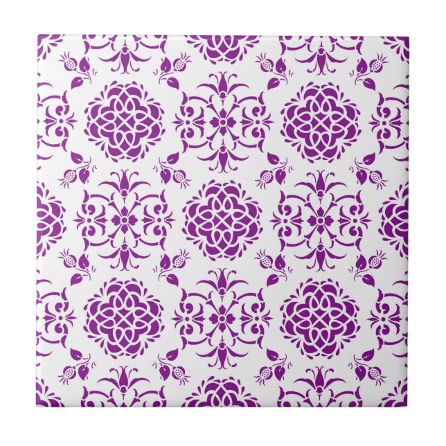 Purple and White Floral Damask Style Pattern Tile (Front)