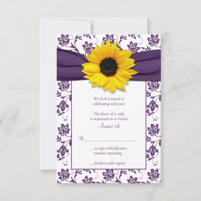 Purple and White Floral Damask Wedding Reply Card (Front)