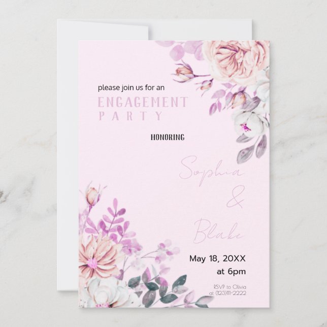 Purple and White Floral Pink Engagement Party Invitation (Front)