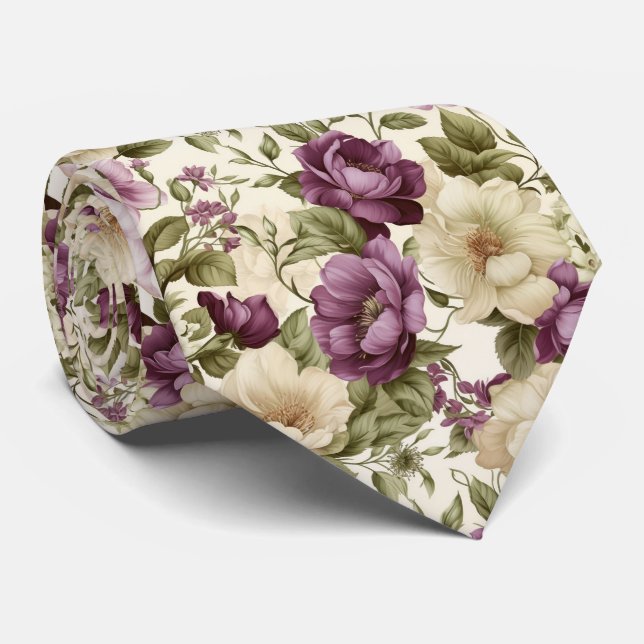 Purple and White Floral Tie (Rolled)