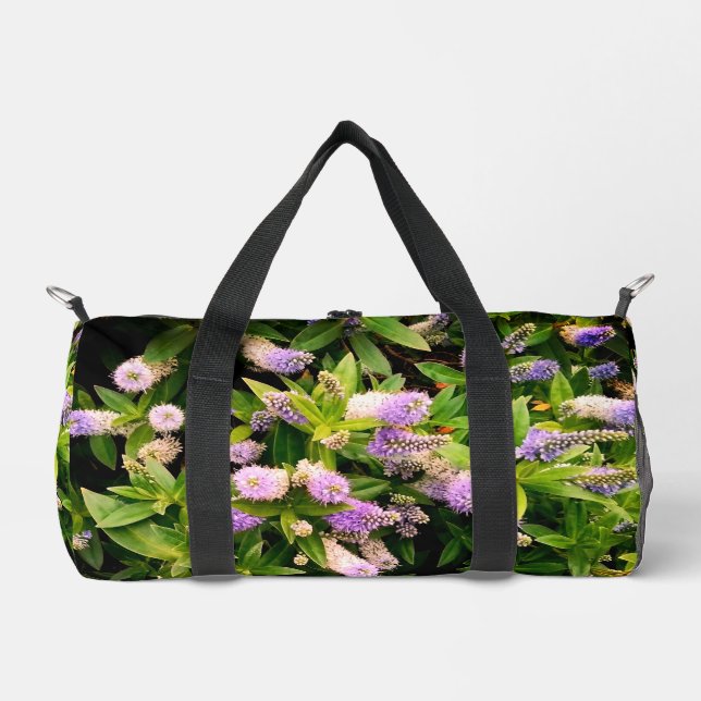 Purple and white flowers  duffle bag (Front)