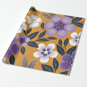 Purple and White Flowers on a Mustard Background Wrapping Paper