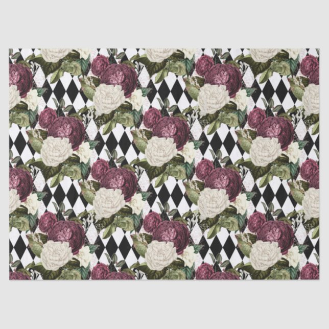 Purple and White Flowers on Chequered Decoupage Tissue Paper (Front)