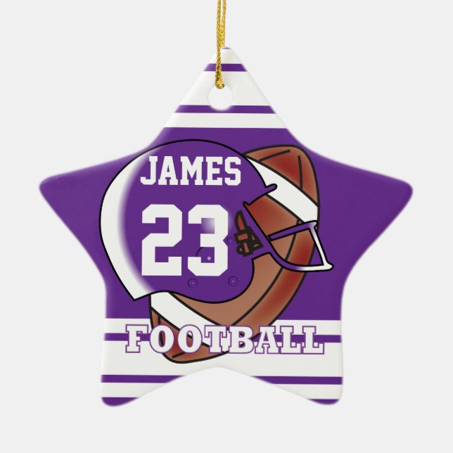 Purple and White Football Ceramic Tree Decoration (Front)