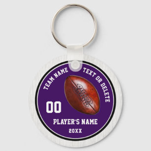 Purple and White Football Keychains, 4 Text Boxes Key Ring