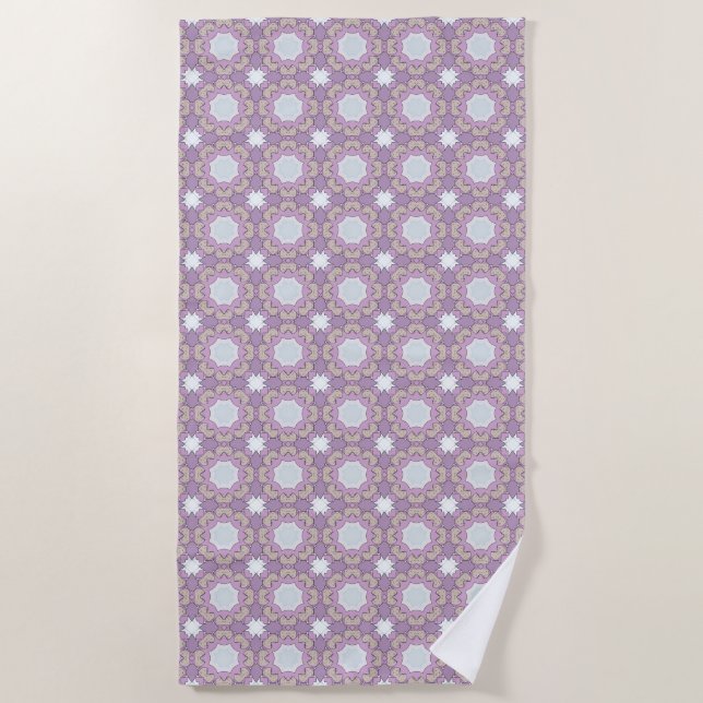 Purple and white geometric floral patterned  beach towel (Front)