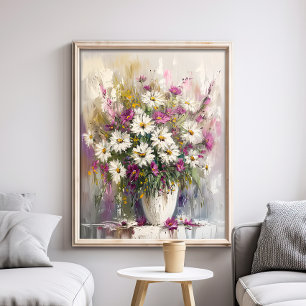 Purple And White Gouache Painted Daisies Poster