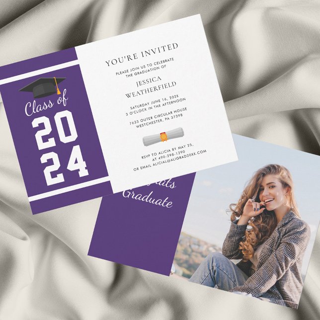 Purple and White Graduate Photo Graduation Party Invitation (Purple 2024 Graduation Party Grad Photo Invitation)