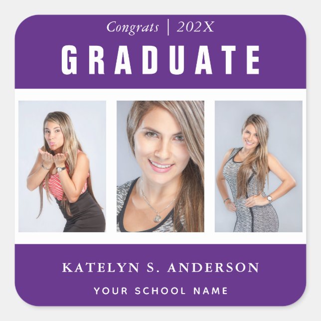 Purple and White Graduation Photo Collage Custom Square Sticker (Front)
