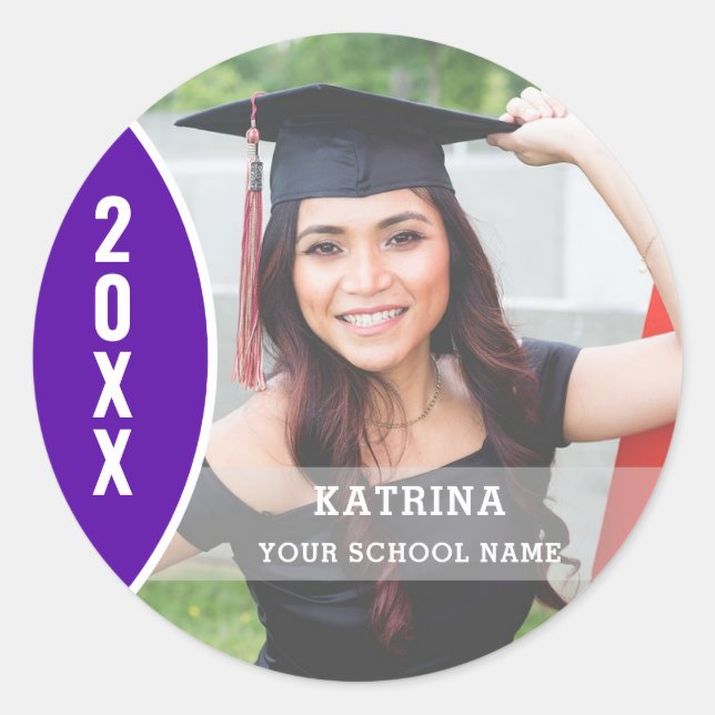 Purple and White Graduation Photo Custom Classic Round Sticker (Front)