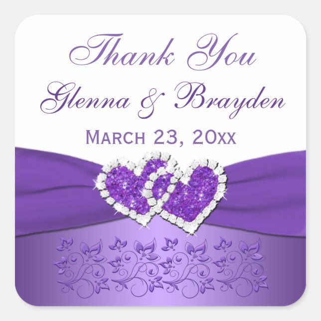 Purple and White Joined Hearts Wedding Sticker (Front)