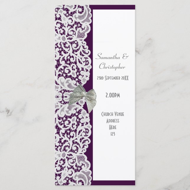Purple and white lace church wedding program programme (Front)