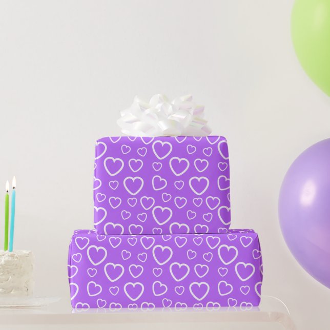 Purple and White Love Hearts Pattern Wrapping Paper (Party Gifts)