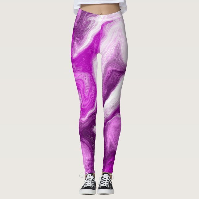 Purple and White Marble Swirls Fluid Art Leggings (Front)