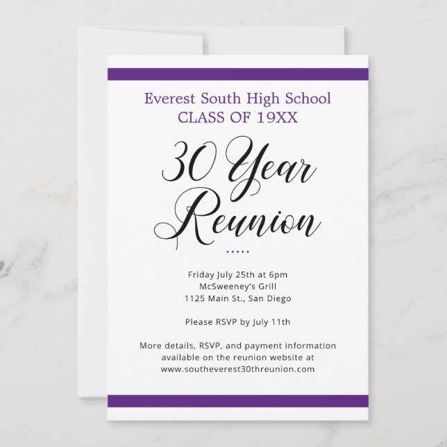 Purple and White Minimalist 30 Year Class Reunion Invitation (Front)