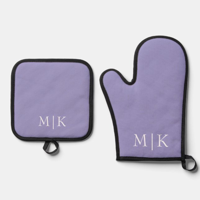  Purple and White | Modern Monogram Oven Mitt & Pot Holder Set (Front)