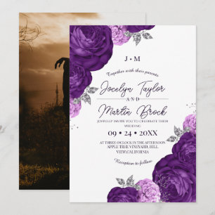 Purple  and White Modern Whimsical Flora Wedding  Invitation
