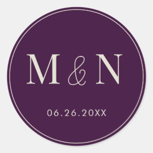 Purple and White Monogram Wedding Classic Round Sticker