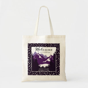 Purple and white mountains wedding welcome tote bag