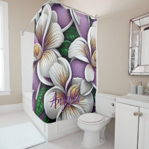 Purple and White Oil Flowers Custom Name Shower Curtain