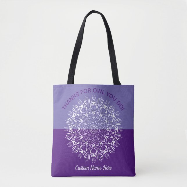 Purple and white owl mandala teacher appreciation tote bag (Front)