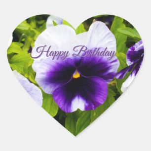 Purple And White Pansies, Birthday Heart Stickers